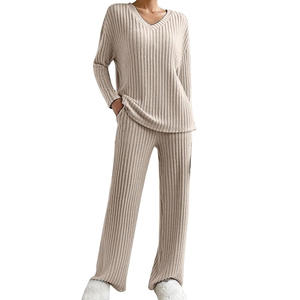 Conjunto de Dos Piezas para Mujer, Estilo Cardigan, Atuendo de Otoño para Combinar en Capas, Top de Manga Larga con Frente Abierto, Pantalones Anchos, Conjunto para Vacaciones - Product Image 1