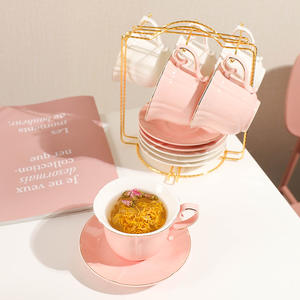 Elegant Ceramic Coffee Cup And Saucer <b>Set</b> With Stand For <b>Afternoon</b> <b>Tea</b> European Style Solid Color Round Handle Design - Product Image 2
