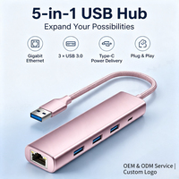 Hub USB 5 in 1 untuk Pemesanan Grosir, 3 USB3.0 5Gbps+Gigabit Ethernet+100W PD, Kabel Splitter Berbahan Aluminium dengan Jalinan Nilon untuk Laptop dan Desktop