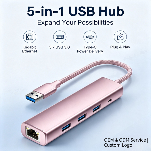 Bulk Order 5 in 1 USB Hub, 3 USB3.0 5Gbps+Gigabit Ethernet+100W PD, Aluminum Nylon Braided Cable Splitter for Laptop Desktop