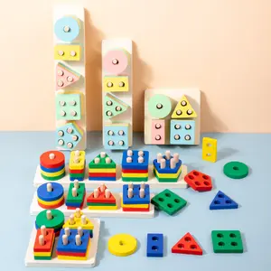 Montessori mainan penyortir dan bentuk kayu pendidikan geometris kayu dan pengenalan bentuk kayu