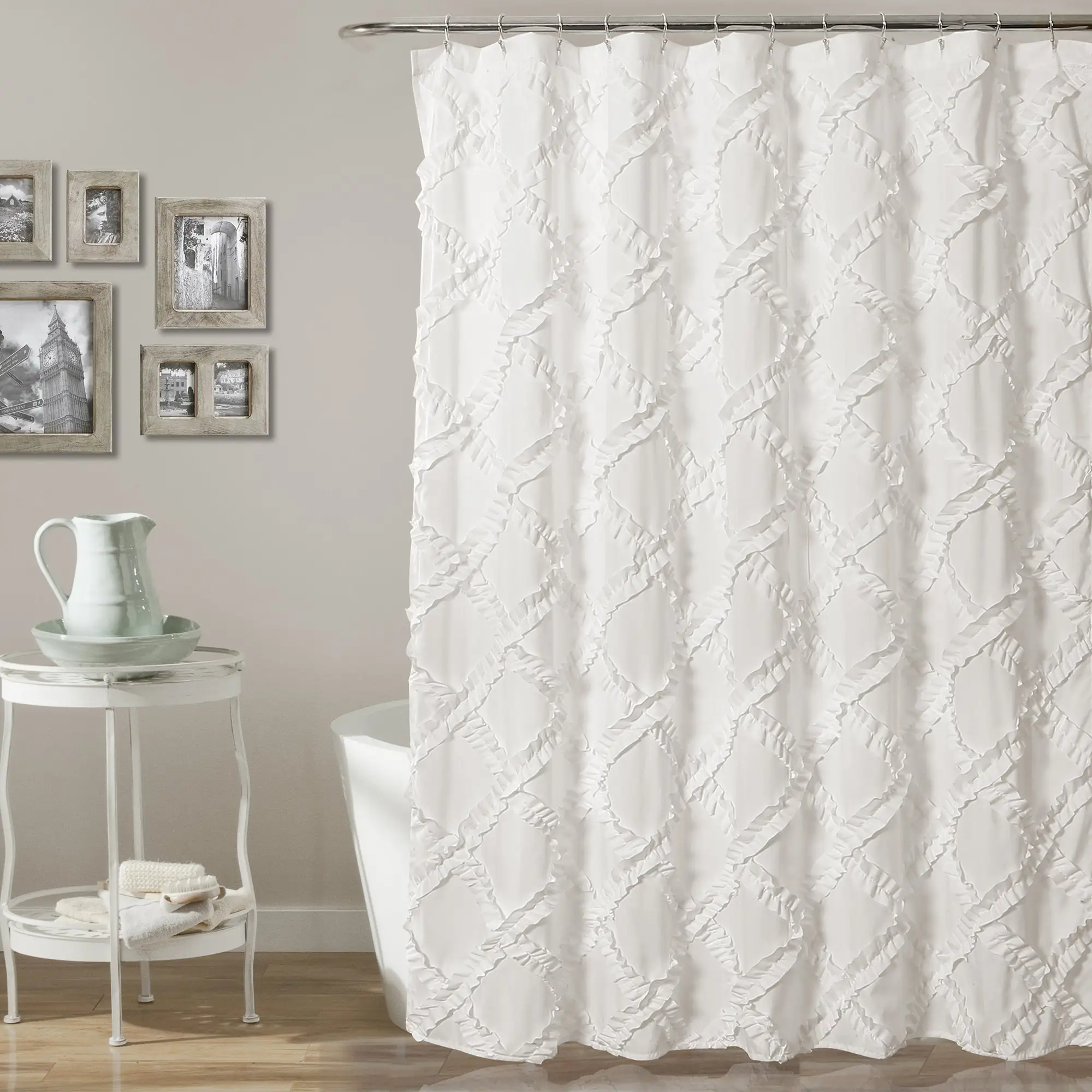 Nouveau rideau de douche de ferme en tissu, 100% Polyester, tissu diamant, Shabby, Chic, à volants blanc, pour douche