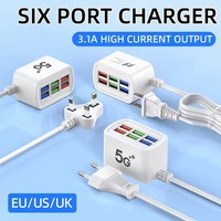 Pengisi Daya Cerdas USB 5G 6Port Multiport Pengisian Cepat Adaptor Soket Daya Perjalanan untuk iPhone Samsung Pengisi Daya Dinding Mini