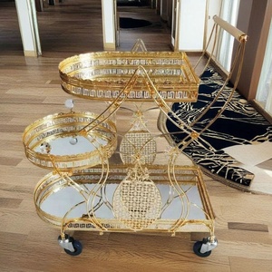 รถเข็นบุฟเฟ่ต์โลหะพรีเมียม โกลเด้น ไอรอน โมเดิร์น โฮเทล ทรอยล์ลี่ สำหรับบ้าน บาร์ ครัว และห้องรับประทานอาหาร - Product Image 6