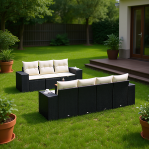 Cream White And Black <b>Rattan</b> Garden <b>Sofa</b> Set 6 Seater Outdoor Furniture Contemporary Design - Product Image 2