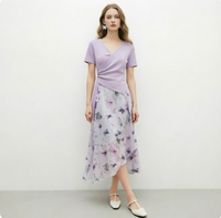 Ensemble femme CHIU SHUI : chemise plissée tendance en polyester et jupe longue plissée élégante à imprimé décontracté