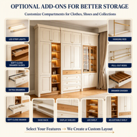 Système de dressing sur mesure pour chambre à coucher, finition crème, panneaux surélevés, poignées en laiton, étagères ouvertes en MDF, éclairage LED, vitrine en verre, moulures décoratives, style moderne, OEM