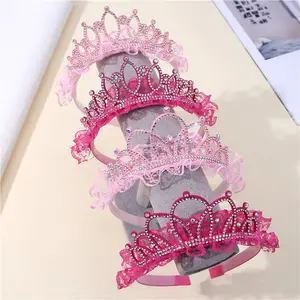 2023厂家批发水钻皇冠头带时尚深浅粉色蕾丝儿童头带
