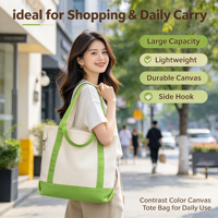 Sac fourre-tout réutilisable en toile contrastante, grand sac de courses ouvert, sac à main en coton personnalisé avec logo pour les courses et l'usage quotidien