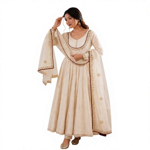 Salwar Kameez de Seda Crema para Mujer con Bordado y Dupatta, Largo hasta el Suelo, Ropa Tradicional para Bodas, Corte Holgado, para Todas las Temporadas - Product Image 1