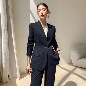 Costume d'automne en velours anti-rides à col en V coupe ajustée pour femme, idéal pour les professionnels, les fonctionnaires, les établissements de formation et les ventes. - Product Image 1