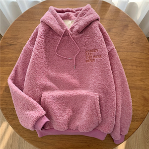 Automne hiver XXL femmes pull nouveau épais chaud velours cachemire solide bleu à manches longues sweat à capuche ample décontracté hauts rose - Product Image 2