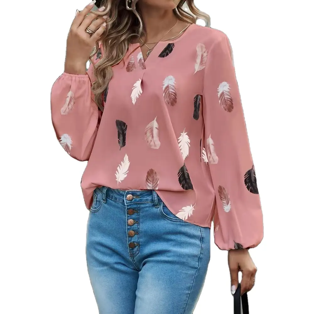 Women's Blouses 5xl Plus Large Size Summer Tops New Leisure Blouse Loose Feather Print V Neck Fashion Long Sleeve Shirts