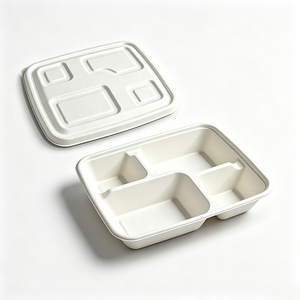 Conteneur alimentaire jetable 100 % compostable OEM ODM, barquette repas 4 compartiments avec couvercle en pulpe assorti - Product Image 1