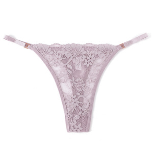 Culotte string en dentelle florale pour femme, maille transparente, fines bretelles, boucle métallique, lingerie sexy, élégante, respirante, taille basse, vente en gros - Product Image 1