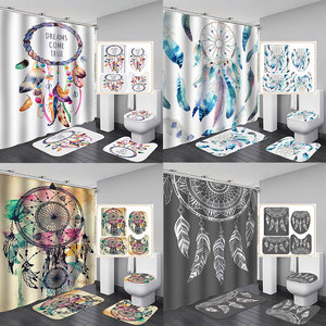 Ensemble de rideaux de douche bohème 4 pièces ethniques <span class=keywords><strong>attrape</strong></span>-rêves plumes tapis de salle de bain avec 12 crochets - Product Image 1