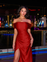Vestido Largo Formal de Fiesta con Hombros Descubiertos y Abertura Alta para Mujer, Gran Venta