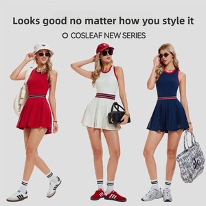 Vestido de tenis a rayas sin mangas para mujer, con cintura elástica y dobladillo esponjoso, transpirable, ajustado, para golf y uso diario, efecto ilusión. - Product Image 3