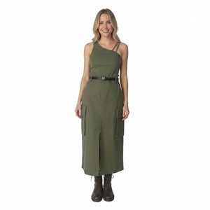 Abito da donna <span class=keywords><strong>verde</strong></span> oliva con spalline, <span class=keywords><strong>vestito</strong></span> <span class=keywords><strong>midi</strong></span> asimmetrico a vita alta con taglio ad A - Product Image 1