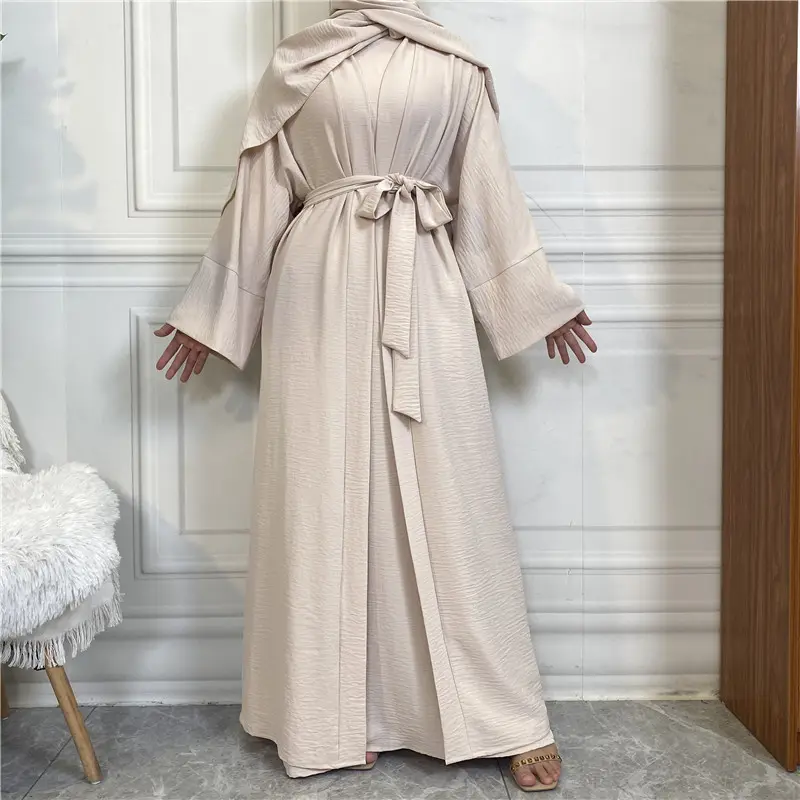 Top sell wrinkle crepe 2pcs abaya set wide sleeve dubai abaya with pockets match sleeveless inner dress