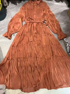 Luxe Swing couleur unie robes de soirée Banquet cérémonie 2025 automne lanterne manches revers simple boutonnage robe plissée - Product Image 5