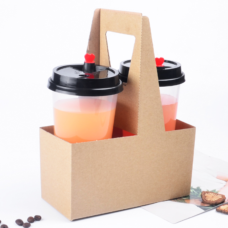 Customized Wholesale 2 Lattice Portable Disposable Beverage Cup Packaging Corrugated Paper Cup Holder with Handle Box
