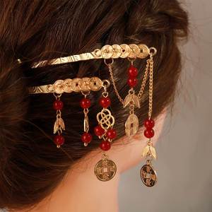 Horquilla chinesa para el cabello para mujer con borla de moneda, horquilla de buena suerte, horquillas antiguas para moños de niñas, palillos, joyería vintage para el cabello Hanfu - Product Image 1