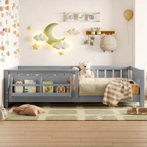 <span class=keywords><strong>Lit</strong></span> pour enfants en bois massif Montessori à profil bas, écologique, avec plateforme au sol, barrière et bibliothèque - Product Image 4