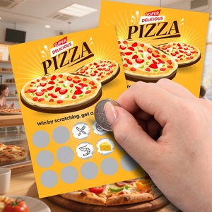 Tarjetas Rasca y Gana para Pizza con Descuentos, Impresión Digital Brillante CMYK, Tamaños Personalizados, Papel con Núcleo Negro, Promocionales - Product Image 1