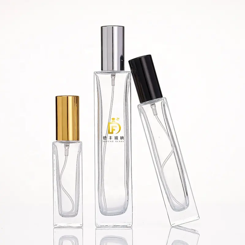Botella de Perfume cuadrada rectangular personalizada reciclable 30ml 50ml 100mL Botellas de vidrio de Perfume transparente con tapa plateada/negra/dorada