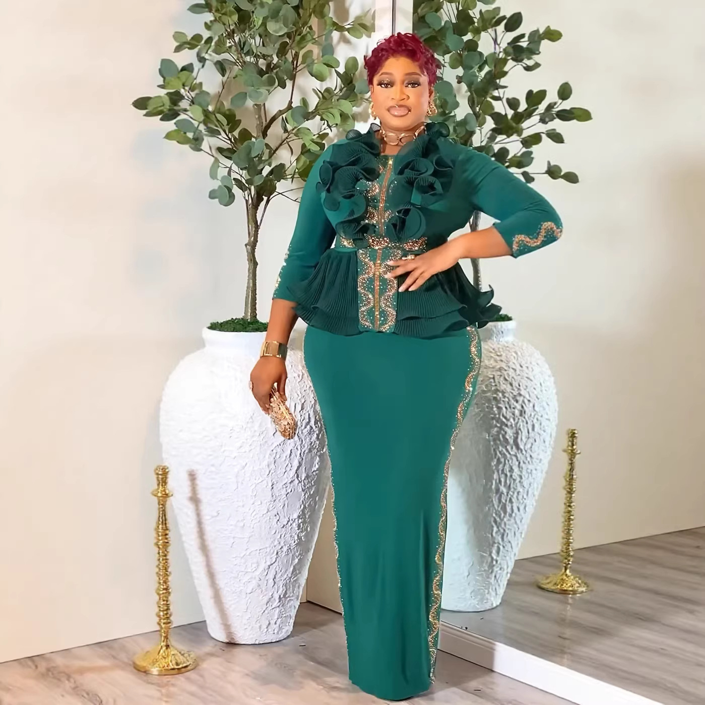 green emerald velvet dress AARNA / Sexy Open Back Wedding Dress with Straight Cut Neckline main image 1