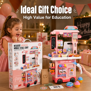 89 pièces Chariot de jeu de supermarché pour enfants, <span class=keywords><strong>avec</strong></span> <span class=keywords><strong>caisse</strong></span> <span class=keywords><strong>enregistreuse</strong></span>, scanner, sons et lumières, <span class=keywords><strong>jouet</strong></span> éducatif STEM, thème stand de desserts, 3+ - Product Image 5
