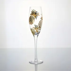 Customized luxury gold trim champagne flute goblet glasses with pineapple pattern decal