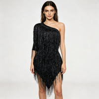 Robe de danse latine asymétrique à franges et strass pour femme, idéale pour les compétitions et spectacles