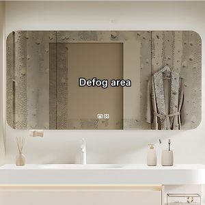 Meuble-lavabo mural blanc crème personnalisé avec double tiroir, étagère ouverte et armoire miroir LED intelligente anti-buée - Product Image 4