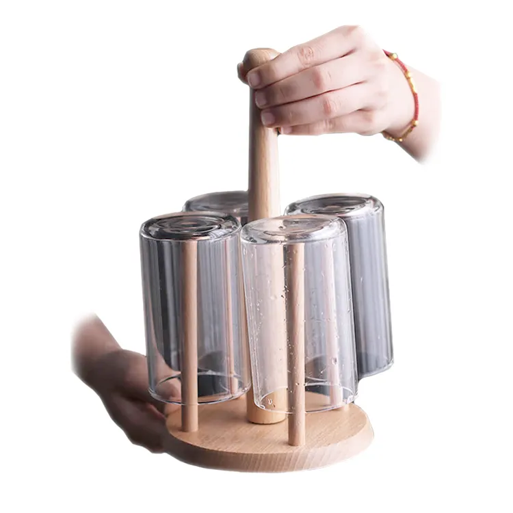 Porte-gobelet en bois base ronde personnalisée support libre de cuisine porte-gobelet à thé en bois de hêtre à l'envers avec 4 bâtons