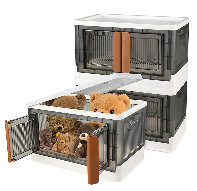 Collapsible Stackable Plastic Durable Storage Bins With Lids and Double Doors