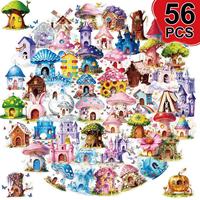 56 pegatinas impermeables transparentes de dibujos animados del mundo de los cuentos de hadas, casa de setas, mascotas, para decoración DIY de fundas de teléfono, cuadernos y vasos.
