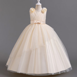 Vestido largo de princesa para niñas de 1 a 12 años-Elegante vestido de baile de tul hinchado con hombro de flores y cinturón con lazo - Product Image 6