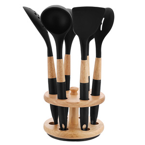 Ensemble d'ustensiles de cuisine en silicone à manche en bois résistant à la chaleur, 7 pièces, avec spatule, cuillère à soupe et support de rangement rotatif - Product Image 2