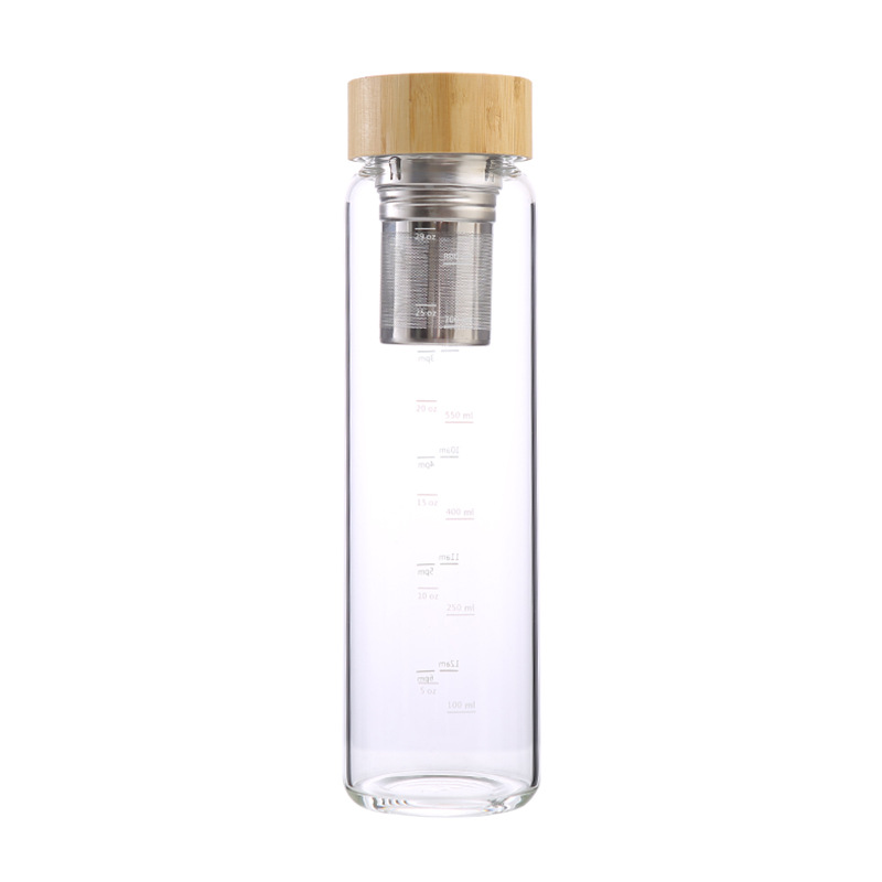 750~1000ml Bamboo wood cover high borosilicate single-layer glass with tea influser outdoor sports water bottle