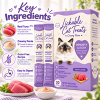 Friandises à lécher pour chats sous marque privée, saveur thon, soutien immunitaire, peau et pelage, purée crémeuse, complément, fabricant OEM, sans céréales, haute qualité