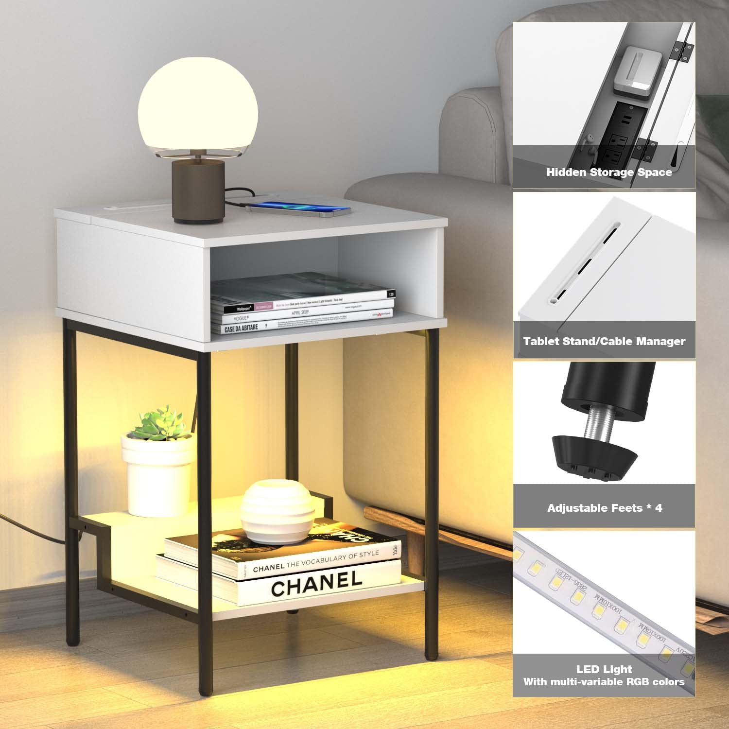 Прикроватный столик с зарядной станцией, светодиодная тумбочка с дистанционным управлением, с концевым столиком для хранения, прикроватный столик с USB-портами и розетками