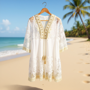 HDJ Robe de plage d'été pour femme, col en V, manches courtes, en mousseline de soie, à franges, coupe ample, mini-robe de bain W21054-34 - Product Image 2