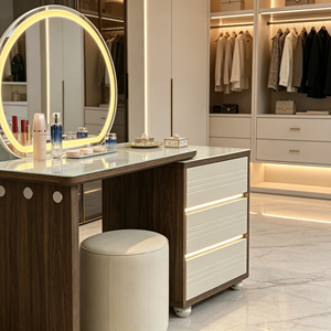 Coiffeuse moderne en bois avec miroir éclairé et tiroirs de rangement pour chambre à coucher - Product Image 6