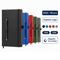 Ensemble carnet et stylo en cuir végétalien PU, couverture rigide, logo personnalisé, format A5, porte-stylo magnétique, journal, agenda, élastique, 100 feuilles