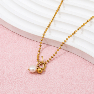 Joolim Jewelry 18K chapado en oro perla de agua dulce colgante Toggle Bead cadena collar joyería de acero inoxidable - Product Image 6