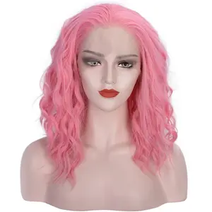 Kräftige kurze Bob Wavy Lace Front Curly Wavy Pink Perücke Hitze beständige synthetische freie Teil Perücke für weiße Frauen natürlich aussehend