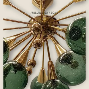 Lustre moderne de luxe en laiton et verre vert, 14 globes, style Sputnik italien Stilnovo, luminaire suspendu pour salon et salle à manger - Product Image 3