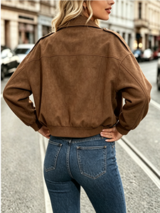 Chaqueta Corta de Moda para Mujer con Cuello Vuelto, Manga Larga Oversize, Cierre Frontal con Cremallera y Botones a Presión, Prenda Exterior Casual Holgada - Product Image 3